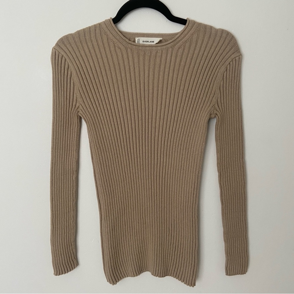 Everlane Cotton Ribbed Crew Sweater in Tan Beige size XS - Picture 4 of 10